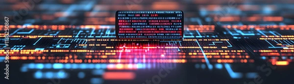 Fototapeta Abstract Digital Circuitry, Binary Code Block Glows Vibrantly on a Futuristic Tech Background