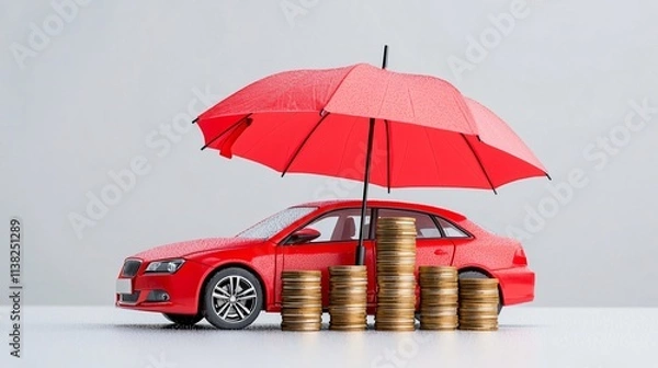 Obraz Financial safeguards and investment safety. A red car under a red umbrella with stacks of coins, symbolizing financial protection.