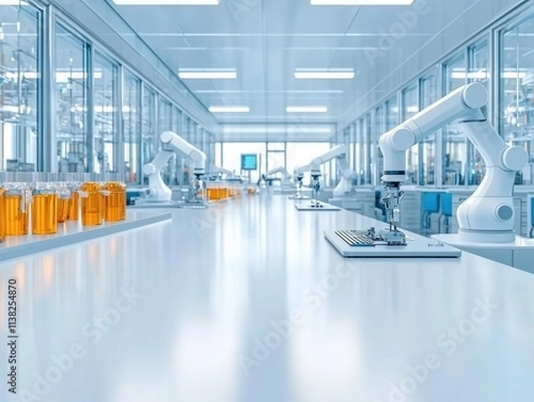 Obraz High-tech laboratory with robotic arms assembling medical devices, symbolizing precision in life science manufacturing