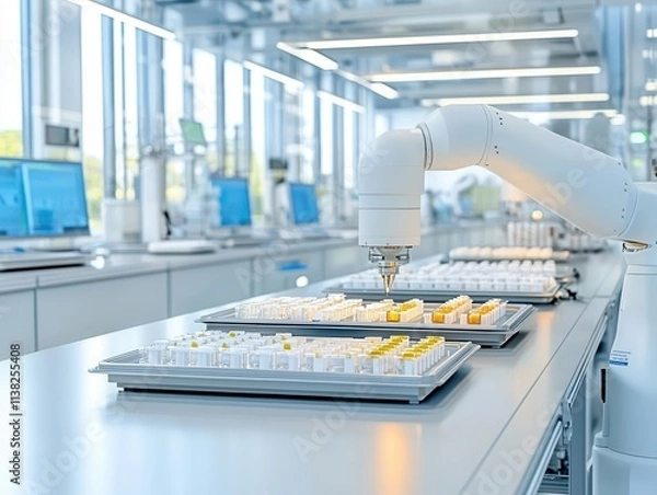 Obraz Robotic system handling trays of medical products, symbolizing automation in life science manufacturing