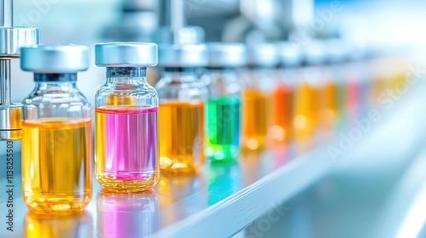 Obraz Rows of vials being labeled by automated machines, emphasizing efficiency in biopharma manufacturing