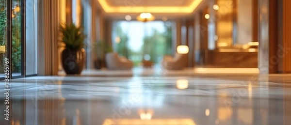 Fototapeta Blurred view of a modern building's interior with shiny floor, plants, and seating area.