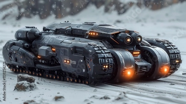 Fototapeta Futuristic armored vehicle with glowing lights on snowy terrain, advanced design and technology