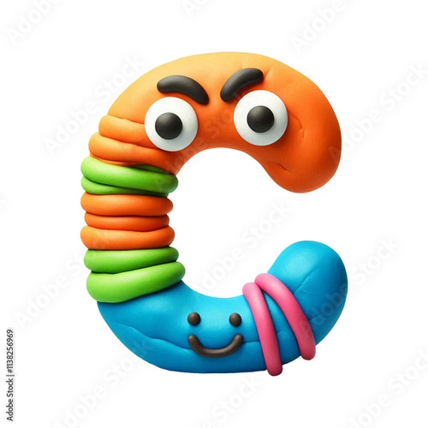 Obraz Colorful plasticine kids font, crafted alphabet letter C with funny face isolated on white background, creative 3D clay abc for children education in school, preschool, kindergarten 