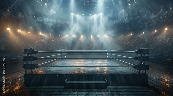 Obraz Empty wrestling ring under stadium lights, awaiting a match.
