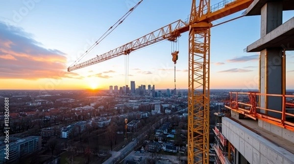 Fototapeta A sweeping view of a city skyline with a tall construction crane towering over a partially completed building, set against a dramatic sunset sky.