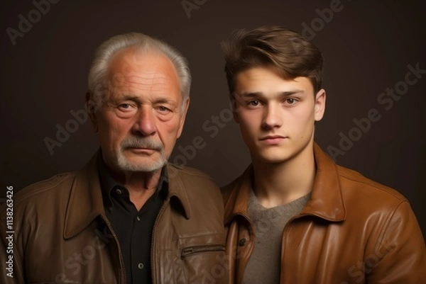 Fototapeta A handsome young man portrait with his elderly father, who has white and gray hair, sharing a moment of connection, empathy, and emotional bonding, captured in a warm and heartfelt composition