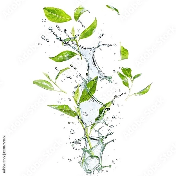 Obraz Fresh Green Leaves Splashing in Clear Water on White Background