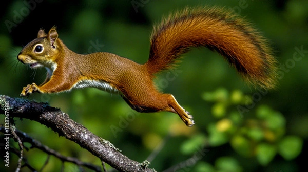 Fototapeta Red Squirrel Leaping with Tail in the Air on an Upward Spiral Path