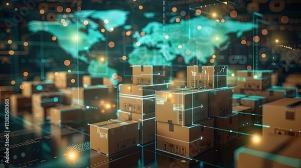 Obraz Global E-commerce Logistics: Cardboard Packages and Digital Network Overlay