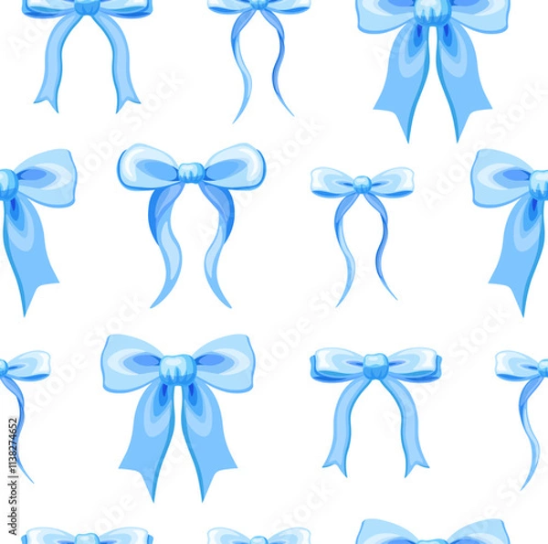 Obraz Seamless pattern with cute bows in cartoon style. Vector illustration of a pattern with blue ribbon bows of different shapes and sizes, isolated on a white background. Wrapping paper. Packaging.Decor.