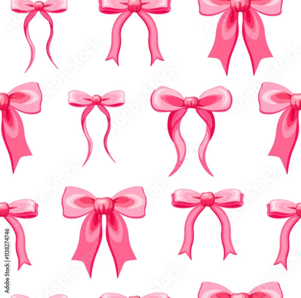 Obraz Seamless pattern with cute bows in cartoon style.Vector illustration of a pattern with pink ribbon bows of various shapes and sizes isolated on a white background.Wrapping paper.Packaging. Decoration.