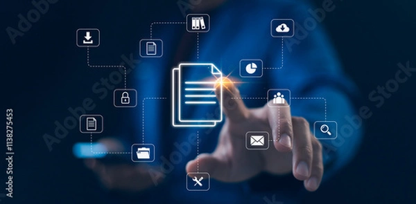 Fototapeta Businessman touching with icon document management, data sharing and secure storage.  Concept of digital online document organization and efficient information in modern business. File storage system.