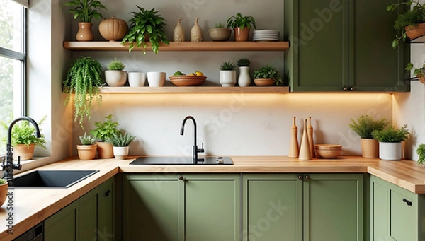 Fototapeta A nature-inspired kitchen with olive-green cabinets, a wooden countertop, and open shelving made from reclaimed wood. The space is accented with black matte fixtures and a terrazzo backsplash