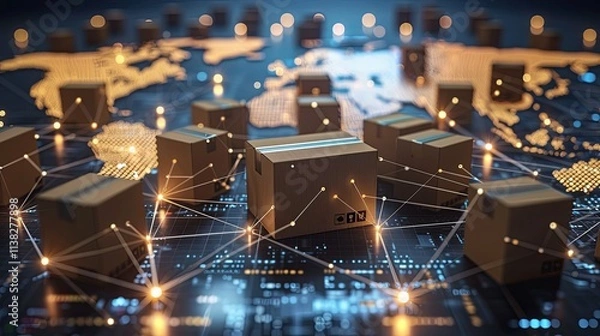 Fototapeta Global Network of Cardboard Boxes Representing Worldwide Shipping and Logistics