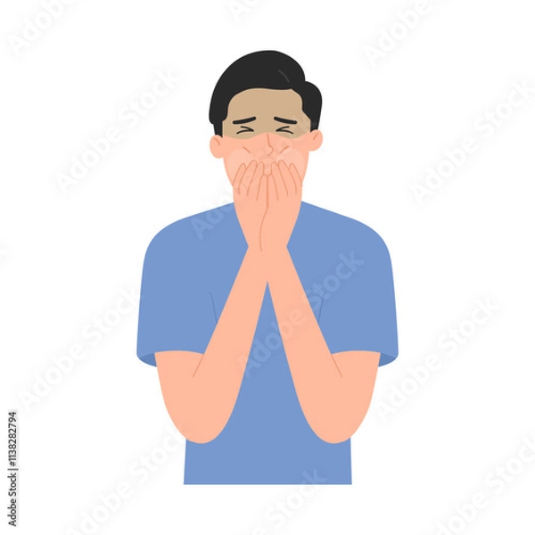 Fototapeta Vector illustration of man feeling sick and nauseous and vomiting. Food poisoning feels like puking. Flat design.
