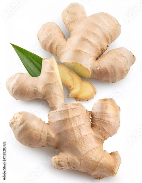 Obraz Two pieces of ginger root, one sliced, with a green leaf, isolated on a white background, showcasing the vibrant color and texture of this spice