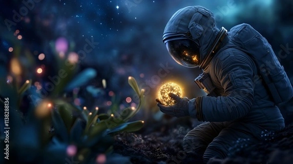 Obraz An astronaut in a space suit kneels on an alien landscape, cradling a glowing orb surrounded by mysterious plants.