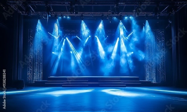 Fototapeta Illuminated stage with dramatic blue lighting and spotlights, ideal for performances or events, Generative Ai