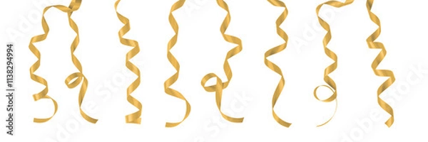 Fototapeta Gold ribbon satin bow curly scroll png set isolated on transparent background for Christmas, birthday and wedding card confetti design decoration