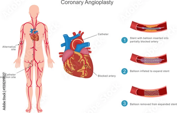 Fototapeta Coronary angioplasty is a minimally invasive procedure to open blocked heart arteries using a balloon and stent, improving blood flow and reducing heart attack risk