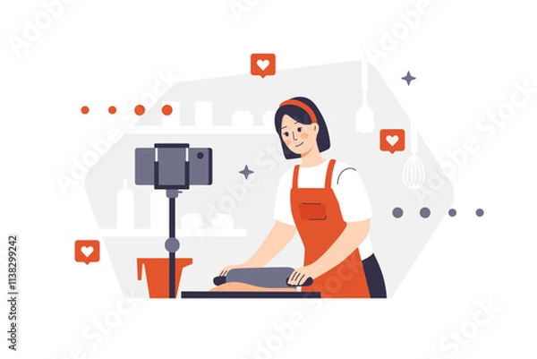 Fototapeta A female character in an apron rolls out dough in the kitchen. A girl with a headband films the process of preparing bakery products for subscribers on a camera mounted on a tripod. Social media icons