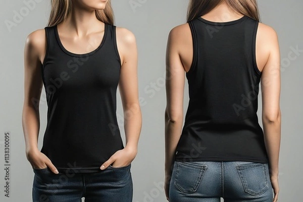 Obraz A woman wears a plain black tank top, front and back, for a t-shirt design mock up
