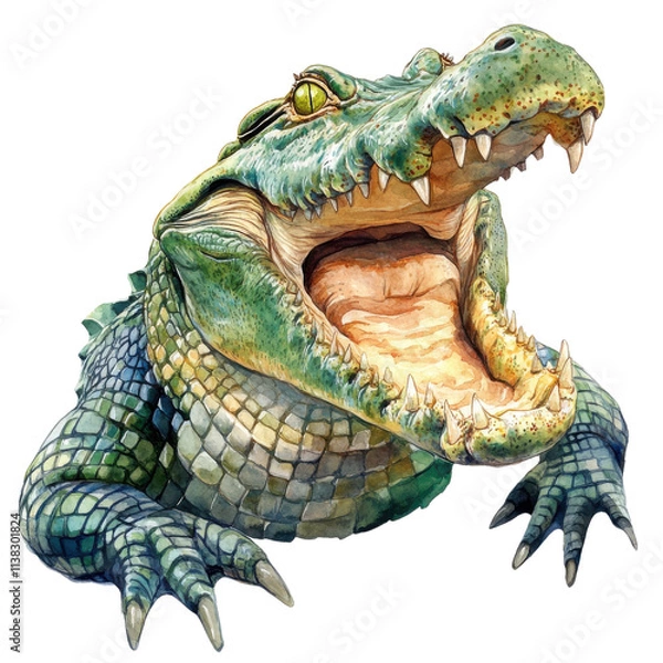 Fototapeta A vibrant and detailed illustration of an alligator with its mouth open, showcasing sharp teeth and textured skin, on a white isolated background.