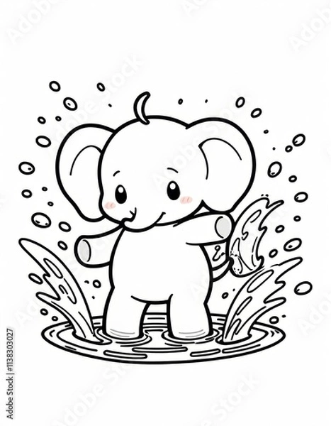 Fototapeta coloring book - a black and white cartoon drawing of a cute baby elephant playing in water. The elephant is standing in a small puddle, with water splashing around its feet