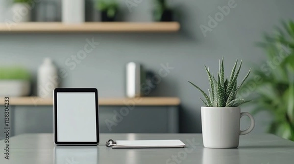 Obraz Minimalist Workspace with Tablet,Notebook and Coffee Mug Representing Daily Professional Routine