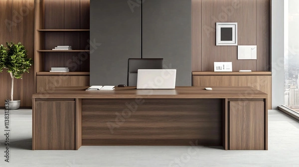 Fototapeta Sleek and Sophisticated Professional Office Setup with Laptop and Motivational Books