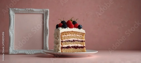 Fototapeta  Slice of a triple layer cake with white frosting over a pink background with blank frame mockup