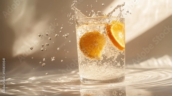Fototapeta Freshly Squeezed Orange Juice Splashing into a Glass with Slices of Orange and Sparkling Water in Sunshine