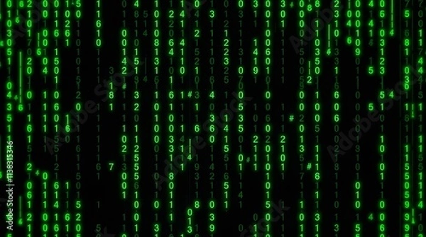Fototapeta Green Digital Code hacking Wallpaper with Falling Numbers and Binary Patterns for Technology and Cyberpunk Background Themes