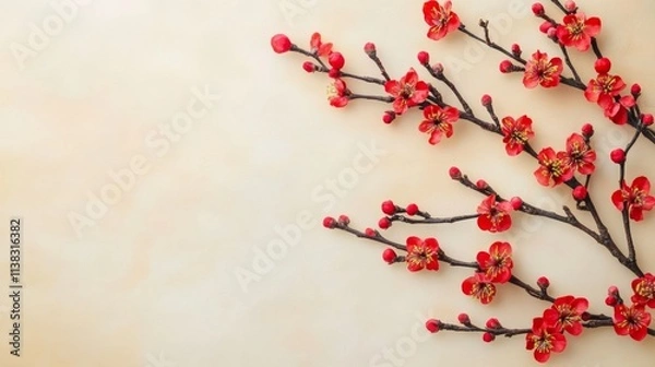 Fototapeta Red apricot blossom branch on soft color background. Flat lay. Chinese new year decoration. with copy space 