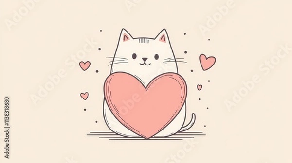Fototapeta Minimalist Cat Illustration Holding Heart in Simple Line Art Style for Heartwarming Design Projects and Prints