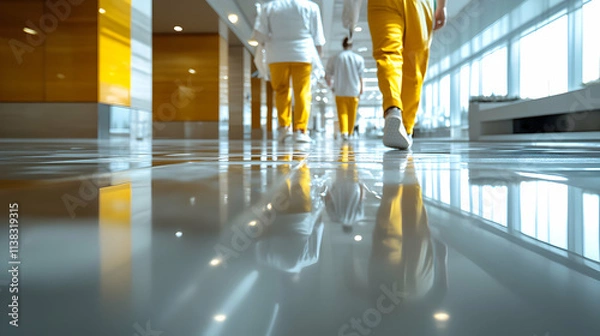 Obraz Reflective Floor, People Walking in Modern Building, Bright Interior, Clean Tiles, Yellow Accents