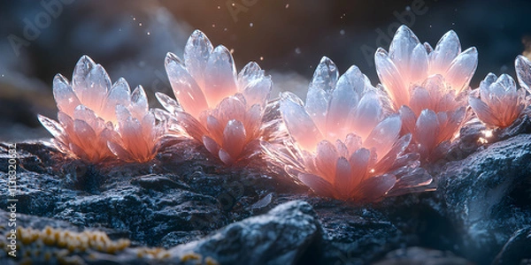Obraz Crystalline Flowers Bloom on Dark Rocks, Illuminated with Inner Glow, Fantasy Digital Art