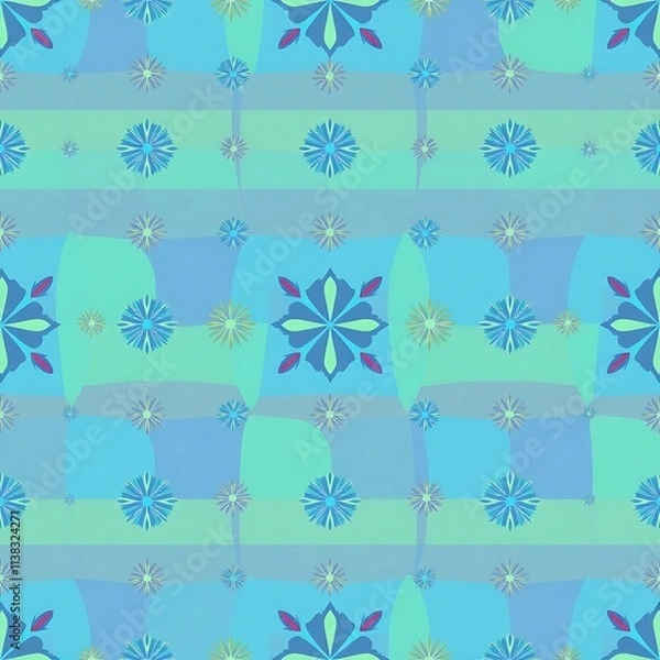 Obraz Aqua Floral Dreamscape: Seamless pattern design featuring a captivating blend of stylized floral motifs and abstract shapes in soothing aqua and teal hues. Perfect for textile prints, wallpapers.