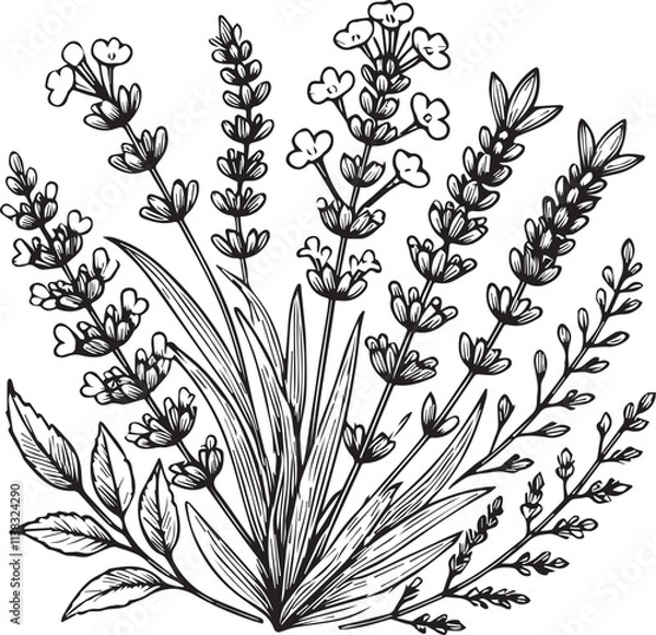 Obraz Lavender flower art, vector illustration of a font view Lavender flower in hand-drawn botanical summer elements natural collection, Lavender line art for coloring page, Lavender flower outline