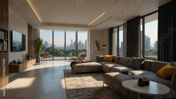Fototapeta Ultra-modern home design with integrated smart city features, offering tailored living spaces for a futuristic, sustainable lifestyle