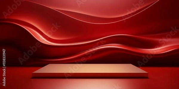 Obraz 抽象横長バナー。赤い曲線的な壁と床と一つの四角い展示台がある空間