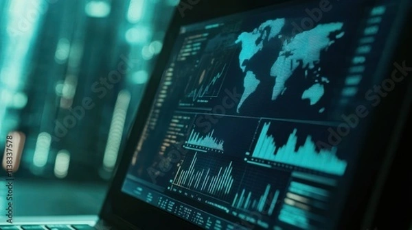 Fototapeta Global Data Analysis:  Visualizing Worldwide Trends on a Laptop Screen