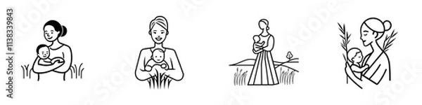 Fototapeta A serene scene of a smiling mother cradling her child in the tranquil countryside, capturing the essence of maternal love and rural life in a sketch engraving created with generative AI, presented as