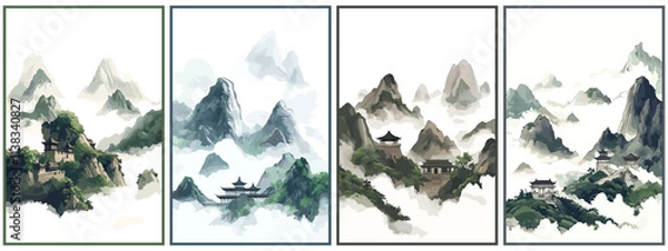 Obraz Chinese temple in the cloudy mountains vertical backgrounds set. Green vegetation ancient architecture. East asian culture beauty of nature tranquillity wall art poster banner. Cartoon style vector