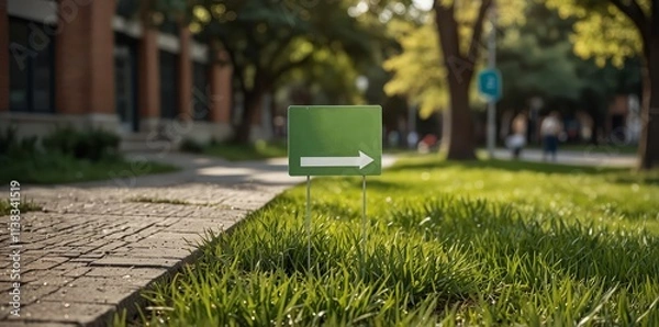 Obraz Yard sign mockup in the grass near the walking path on the city street background. Blank yard sign in green grass on sunny day