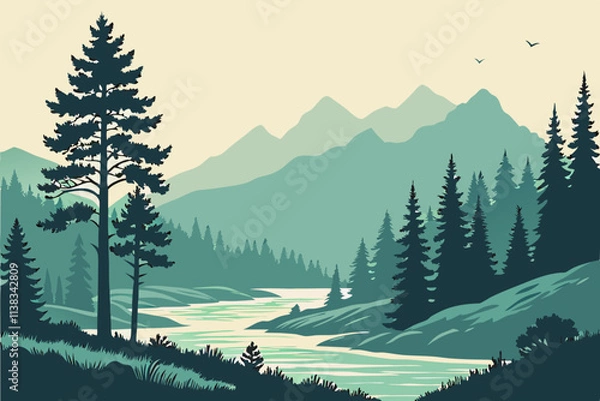 Obraz Minimalist vector landscapes with mountains, forests, and rivers in soft gradient tones, ideal for posters, wallpapers, or websites..