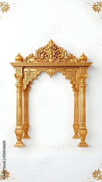 Obraz A 3D rendering of a golden ornate archway, reminiscent of Indian temple architecture. Intricate carvings and pillars are detailed against a white background.