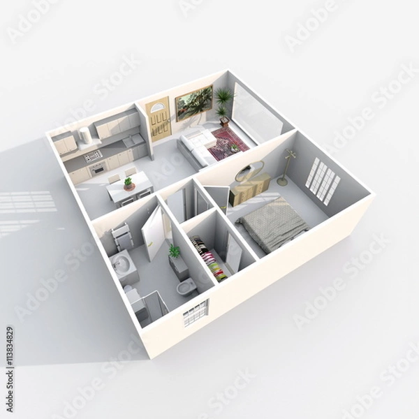 Obraz 3d interior rendering perspective view of square furnished home apartment
