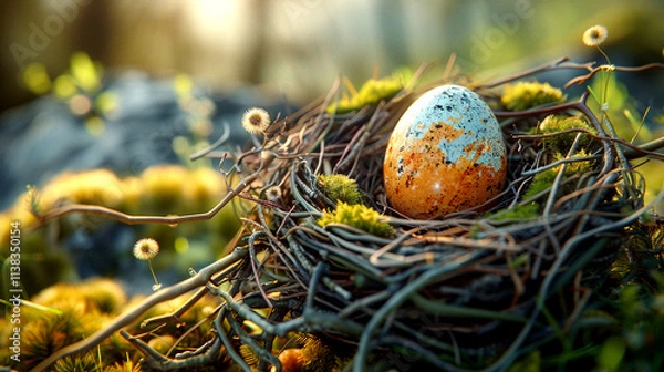 Fototapeta Nest with a beautifully speckled egg resting among vibrant greenery at dawn